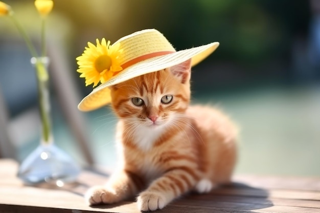 Ginger kitten with straw hat and yellow flower Generative AI