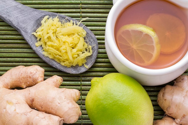 Ginger and lemon on the table seen from above