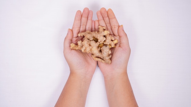 Ginger in the palm of a wish isolated on a white background