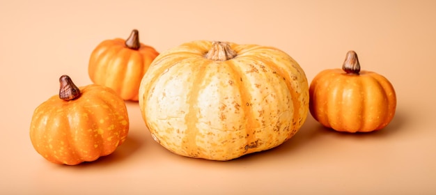 Ginger pumpkins set on beige background Autumn Halloween concept