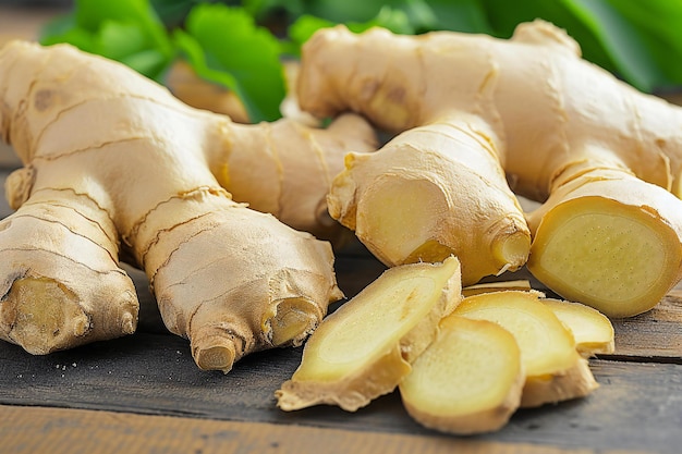 Ginger root on rustic wooden background Healthy food Close up