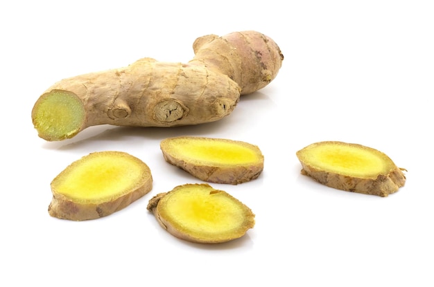 Ginger root and sliced ginger on white isolated background Full depth of clarity