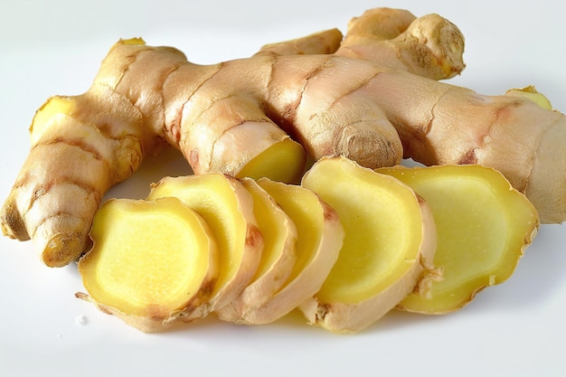 Ginger root and slices on white background Healthy food concept