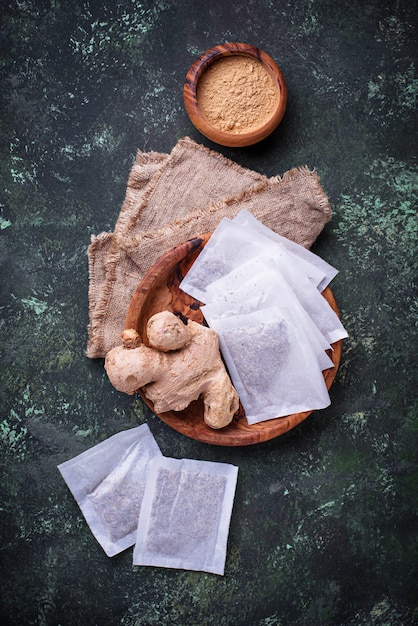 Ginger root and tea bags. 