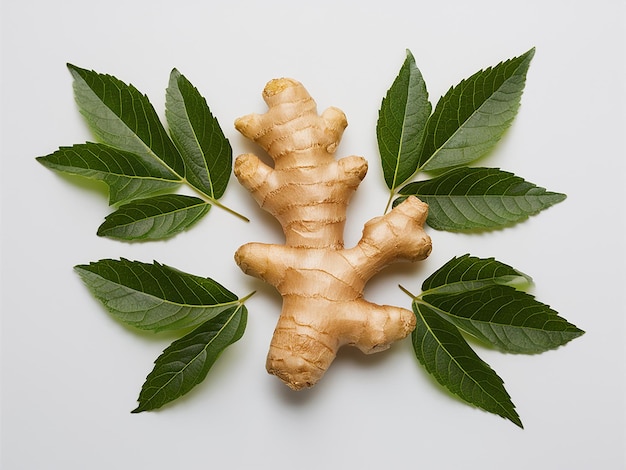 Photo a ginger root with green leaves