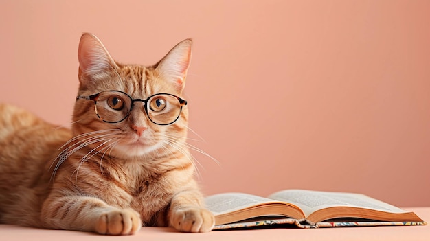 Ginger Tabby Cat in Glasses Reading Book Back to School Exam Preparation Graduation AI Generated