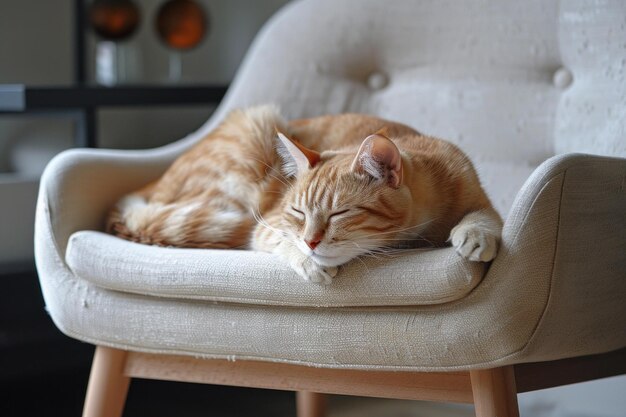 Ginger tabby cat sleeping peacefully on comfortable armchair