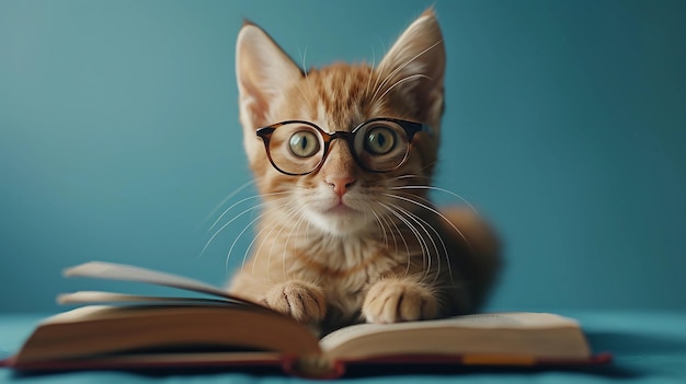 Ginger Tabby Kitten in Glasses Reading a Book Back to School Exam Preparation AI Generated