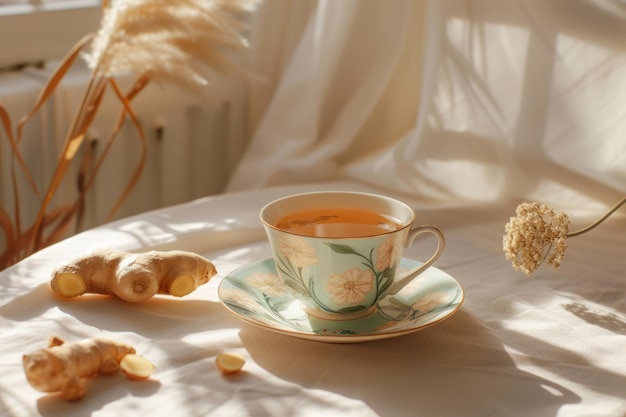 Ginger tea in ceramic cup with ginger root on sunny light background Generative AI