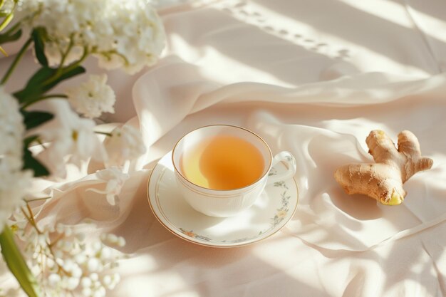 Ginger tea in ceramic cup with ginger root on sunny light background Generative AI