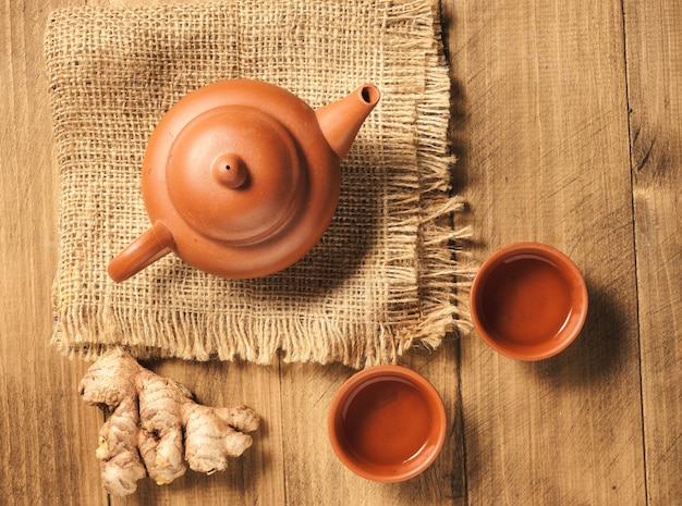 Ginger tea on the table top view