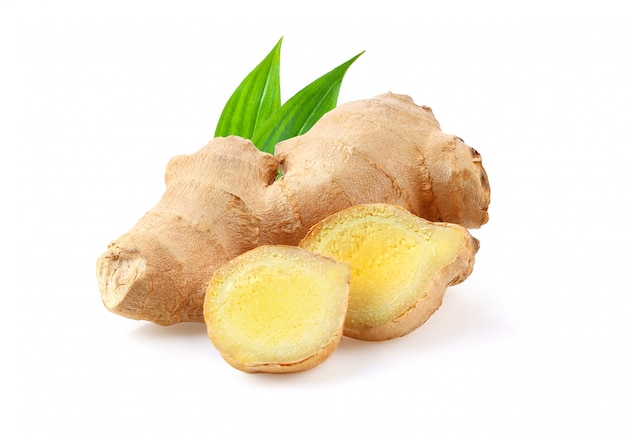 Ginger with leaves Isolated on a white  background