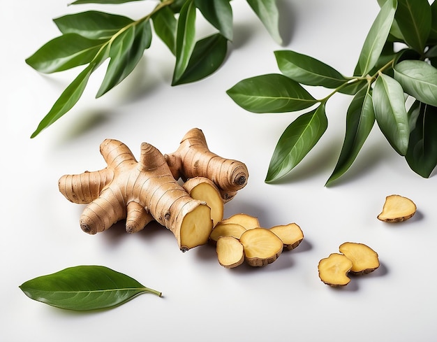 Photo ginger with leaves on white table