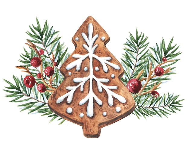 Gingerbread cookie figures with christmass tree branch Hand drawn watercolor illustration