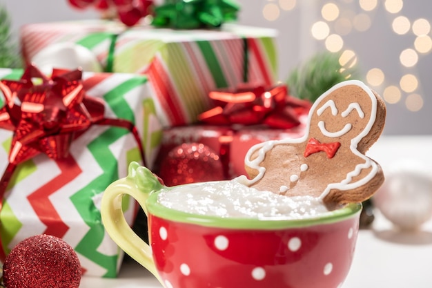 Gingerbread cookie man in a hot chocolate