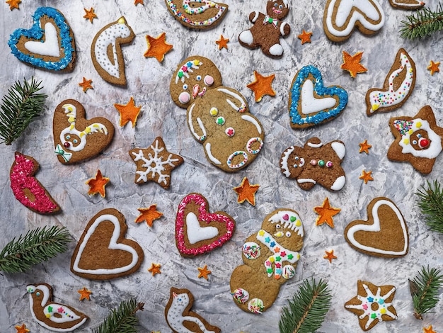 Gingerbread cookie for winter holidays Christmas gingerbread spices and decorations with fir tree branches Natural fruity Christmas decor