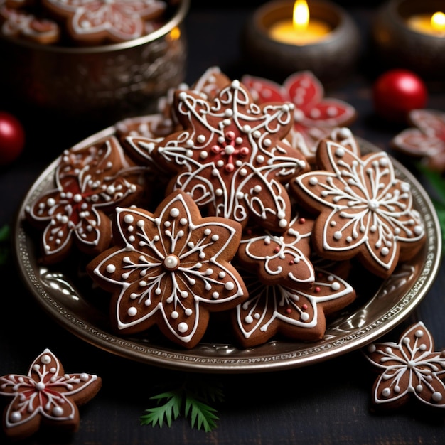 Gingerbread cookies close up Christmas homemade gingerbread cookies on dark wooden table Christmas banner with cookies glazed with white icing Happy new year and happy winter holidays concept