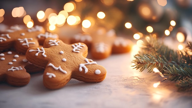 Gingerbread cookies decorated with icing on a festive table surrounded by warm holiday lights