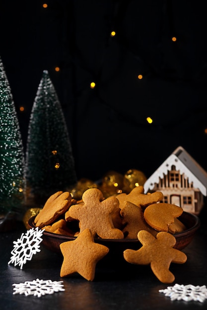 Gingerbread cookies in the form of different figures with christmas symbols