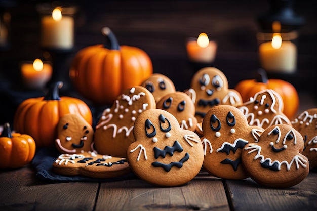 Gingerbread cookies for Halloween on a table made of wood