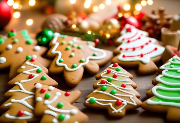 Gingerbread cookies shaped like Christmas trees and decorated with icing and sugar decorations