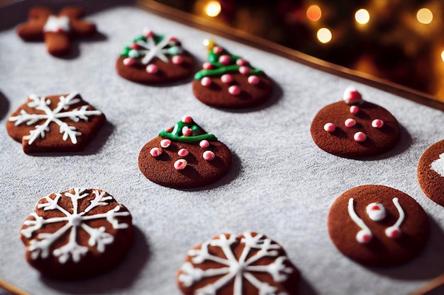 Gingerbread cookies with chrismas decorations on wooden table