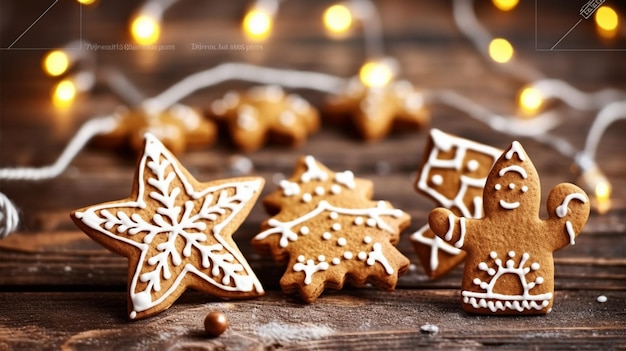 Gingerbread cookies on a wooden table with christmas lights