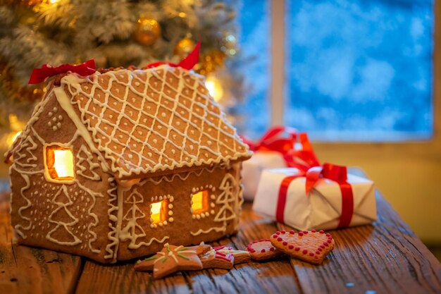 Gingerbread cottage and presents under Christmas tree with light