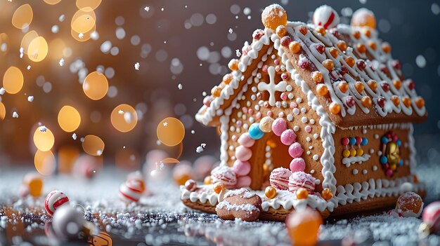 Photo gingerbread house decorated with candy and sprinkles festive holiday illustration