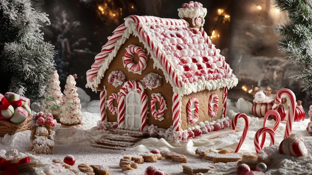 Photo gingerbread house delight candy cane gumdrop decorated with festive treats