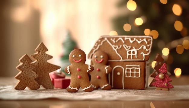 A gingerbread house and a house with a tree in the background