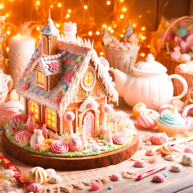 a gingerbread house is decorated with candy and candy