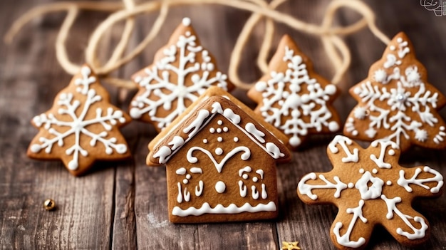 Gingerbread house and snowflakes on a wooden table