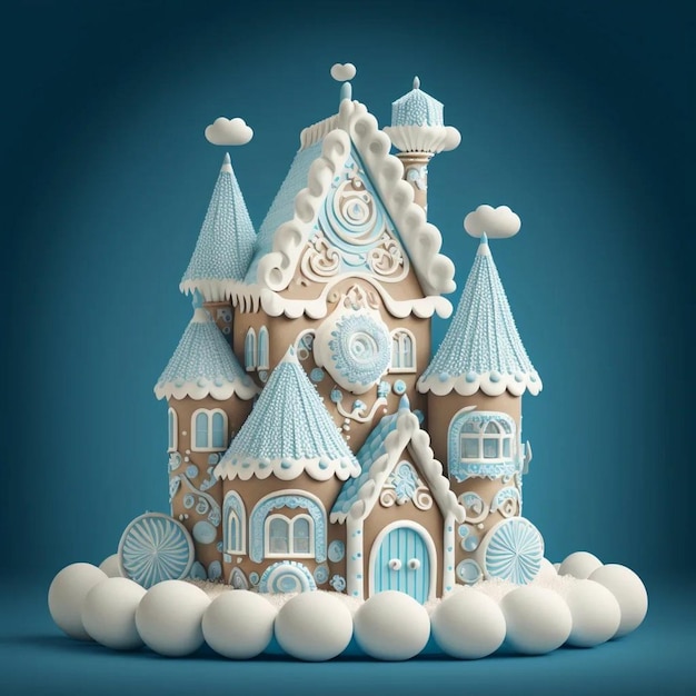 A gingerbread house with a blue background and a clock on the top.