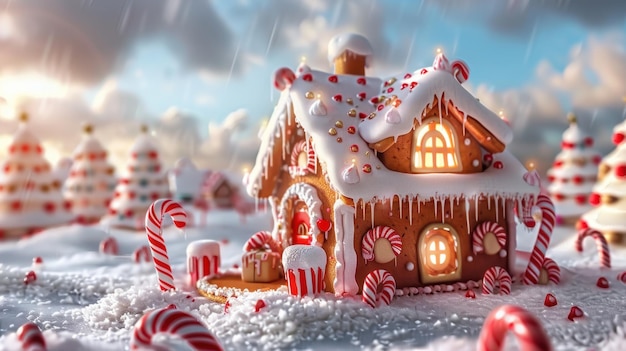 gingerbread house with candy canes and candy canes in the background