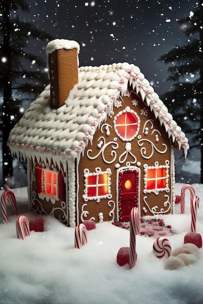 A gingerbread house with candy canes and lights