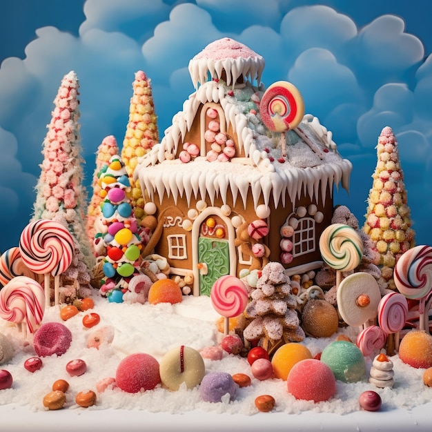 Gingerbread house with candy decorations in a sugarcovered landscape