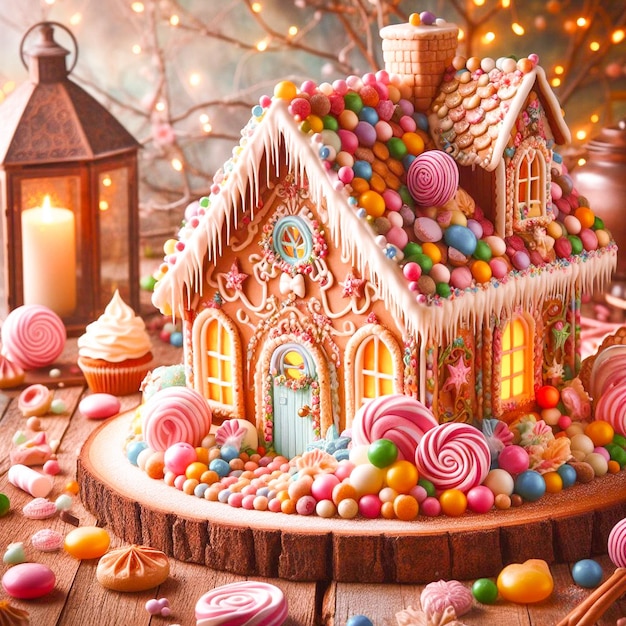 a gingerbread house with a candy house on the top