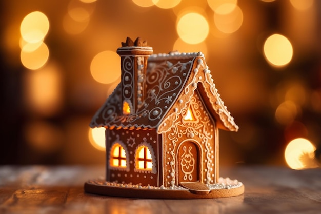 A gingerbread house with a lit up window