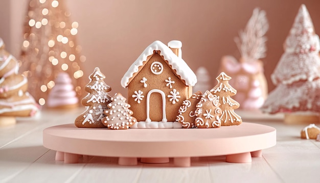 a gingerbread house with snowflakes on the roof