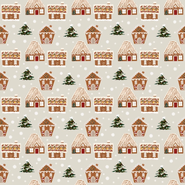 Gingerbread houses Christmas seamless pattern on ivory background