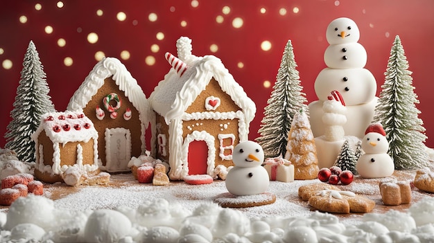 Photo gingerbread houses and snowmen in a snowy winter wonderland