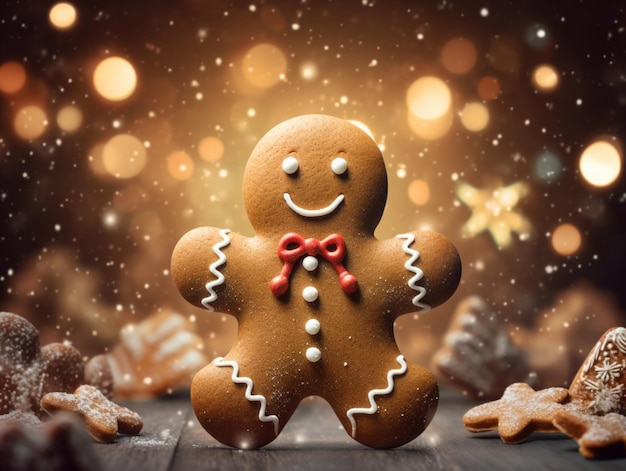 Gingerbread man banner Festive background with smiling gingerbread man cookies over blurred bokeh background copy space Happy winter holidays concept Merry Christmas and Happy New Year background