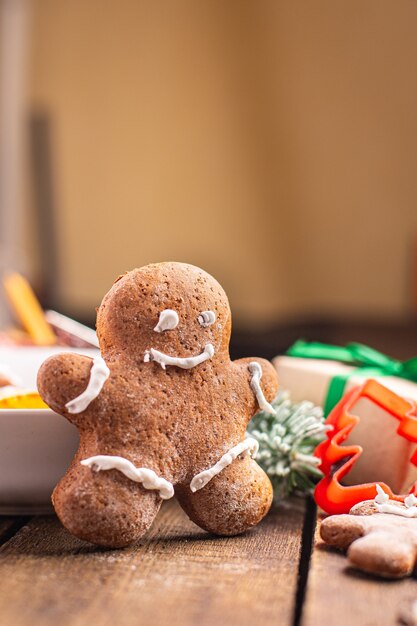 Gingerbread man christmas cookie sweet dessert new year homemade pastries biscuit food background