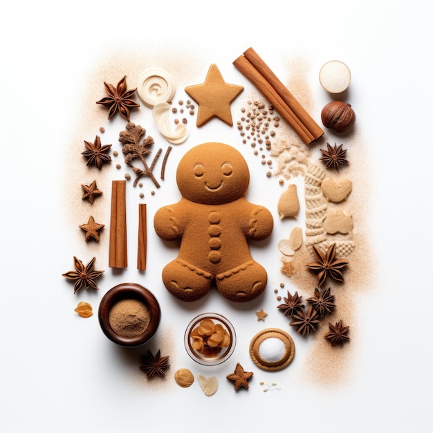 Gingerbread man cookie with baking ingredients flat lay