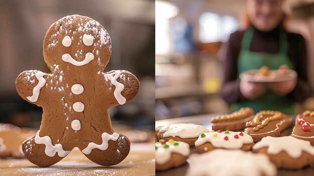 Photo gingerbread man cookie with icing and sprinkles blurred background with baker