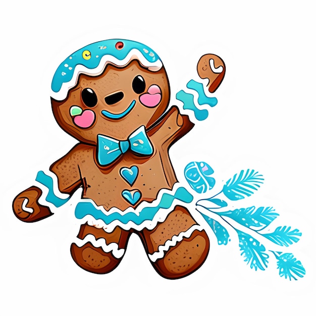 Gingerbread man cookies character illustration with blue ribbon