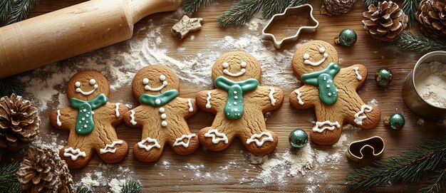 Photo gingerbread man in green scarf with christmas decoration