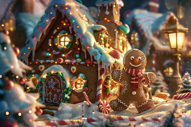 Photo gingerbread man and house with festive holiday decorations in photorealistic image