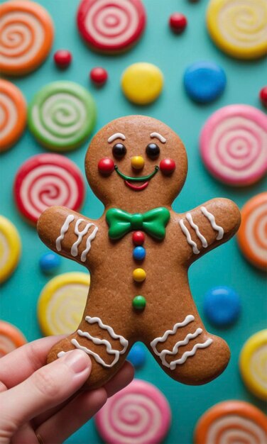 a gingerbread man is holding a green bow tie